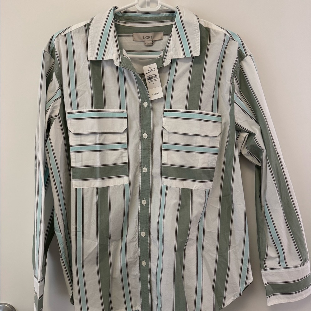 LOFT Casual Green and White Striped Buttondown